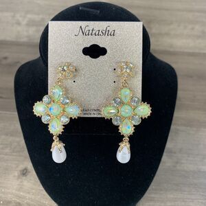 NATASHA Womens Dangle Chandelier Earrings Crystal Gold Tone with Pearl Drop
